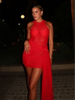 New Solid Color Halter Beach Dress Red Mesh Sexy Cover Up Dress