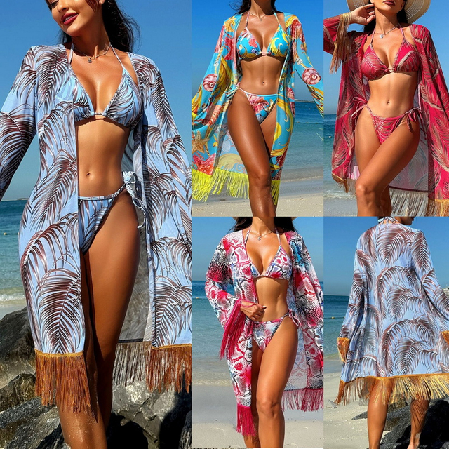 2025 New Three-Piece Bikini Set With Miami Style Tassel Cover-Up Hot-Selling Swimwear