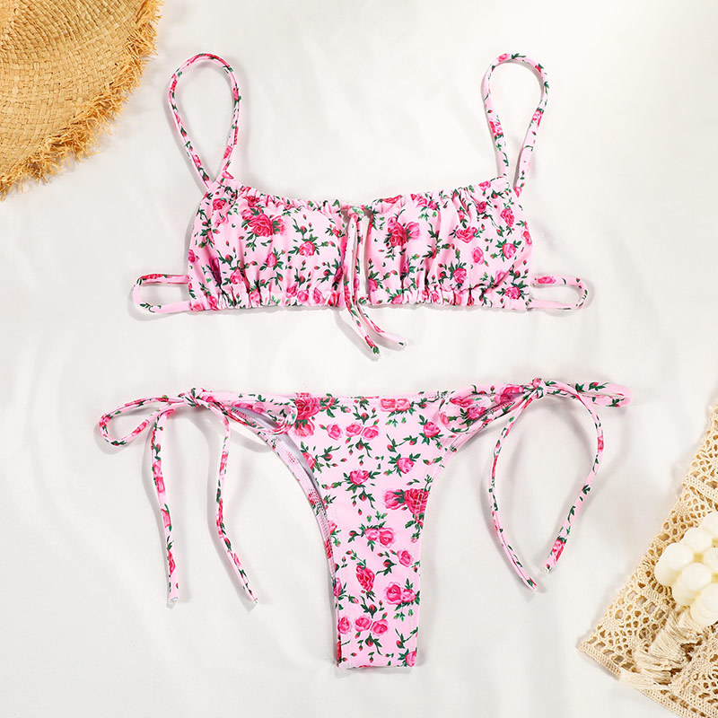 Custom Floral Tie Bikini Sexy Fresh Look Two-Piece European Style
